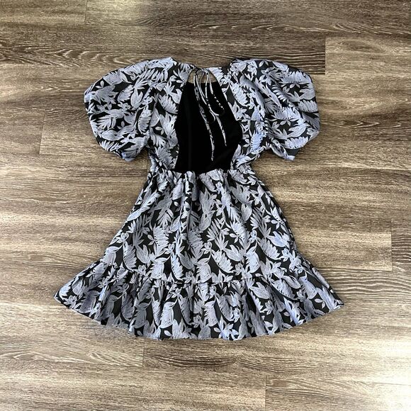 NWT Topshop Jacquard Puff Sleeve Mini Dress Blue Floral Open Back US 12 UK 16 - Picture 6 of 14